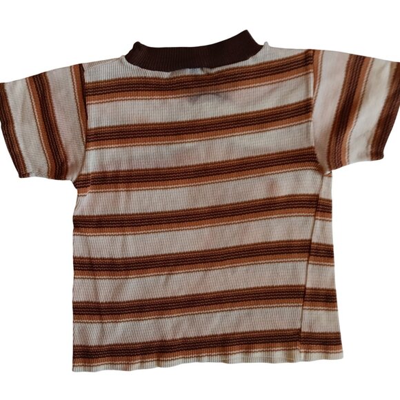 Vintage Boys 6-8 T-shirt 1970's Brady Bunch Brown Tan Striped Ribbed Knit Groovy - Picture 5 of 6